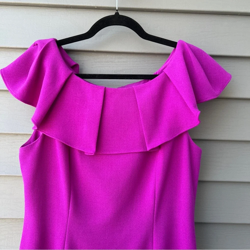 Antonio Melani Tailored Sheath Dress Size 10 Purple Ruffle Off-Shoulder - Picture 2 of 15